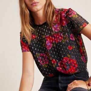 Anthropologie Black Blouse with Vibrant Floral Design